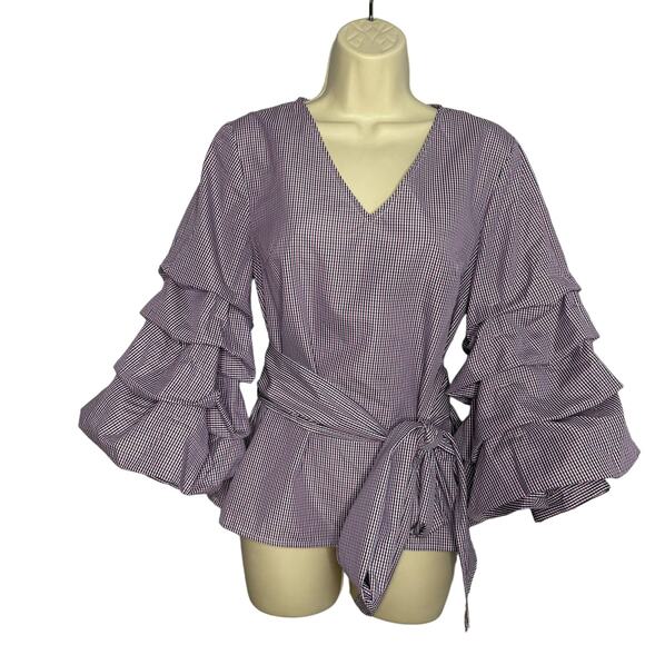 Sunday in Brooklyn By Anthropologie Purple Gingham Blouse Plaid Puff Sleeve S - Picture 2 of 9